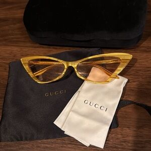 Gucci Yellow Cat Eye Sunglasses with black velvet case, sleeper bag, glass wipe